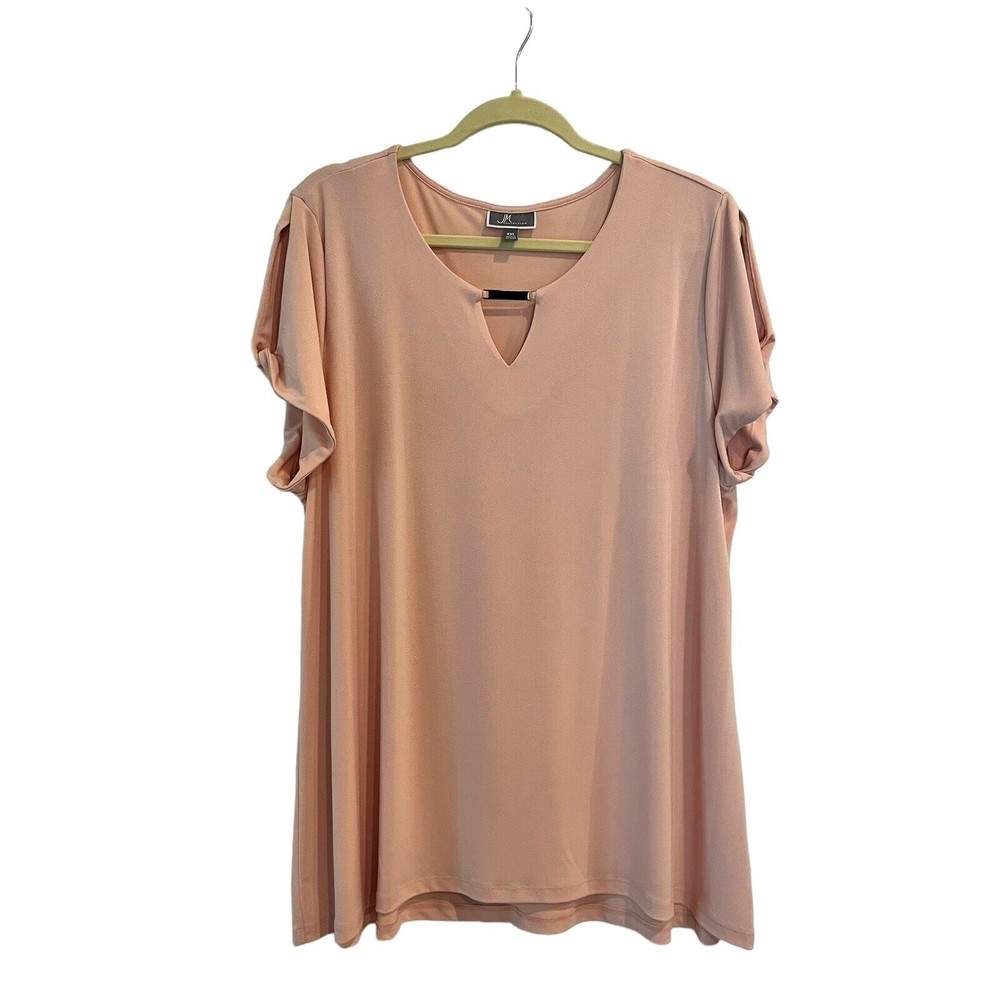 Jm Collection Rose Pink Top Blouse Womens 2X Keyhole Sleeves Gold Neck Detail